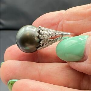 SOLDTahitian Grey/Blue Pearl Diamond Ring Platinum GIA Cert and Appraisal